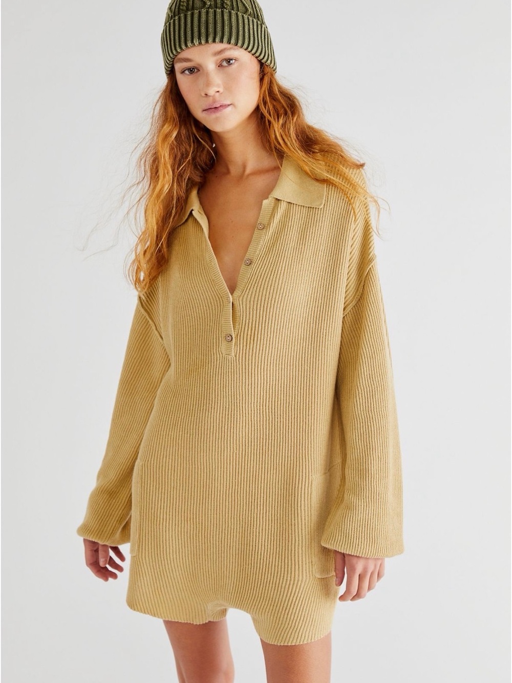 Free People sweater romper in mustard yellow